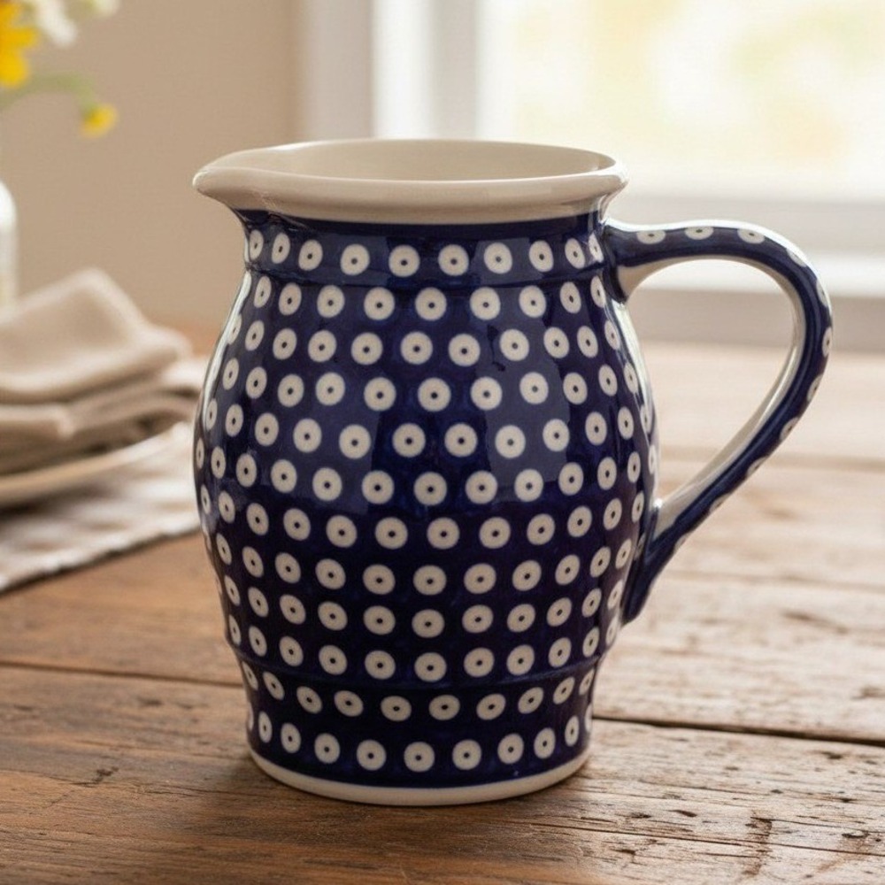 Boleslawiec Polish Pottery True Blue Pitcher, Vintage Hand Made Stoneware Jug